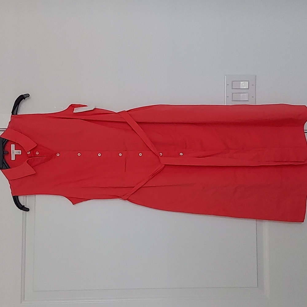 Coral sleeveless collared dress with belt & pocket